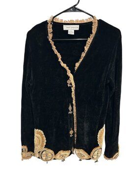That Sweater Black Velvet Cardigan With Gold Embroidered Trim & Unique Buttons S